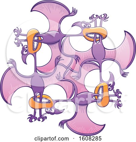 Clipart of a Cartoon Circle of Biting Purple Pterodactyls - Royalty Free Vector Illustration by Zooco
