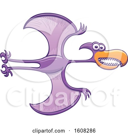Clipart of a Cartoon Flying Purple Pterodactylus - Royalty Free Vector Illustration by Zooco