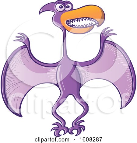 Clipart of a Cartoon Flying Purple Pterodactylus with Legs Folded - Royalty Free Vector Illustration by Zooco