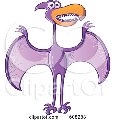 Clipart of a Cartoon Purple Pterodactylus Flying - Royalty Free Vector Illustration by Zooco