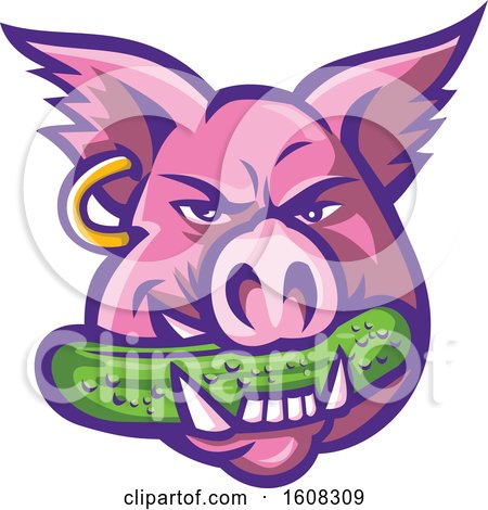Clipart of a Pink Pig Mascot Face with an Earring and a Pickle in His Mouth - Royalty Free Vector Illustration by patrimonio