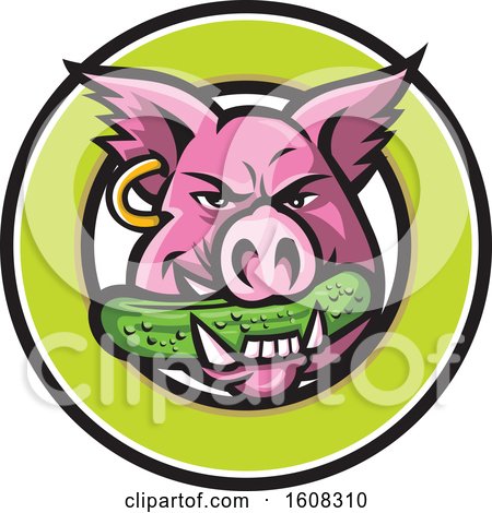 Clipart of a Pink Pig Mascot Face with an Earring and a Pickle in His Mouth in a Green Circle - Royalty Free Vector Illustration by patrimonio