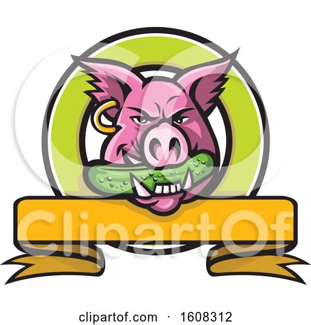 Clipart of a Pink Pig Mascot Face with an Earring and a Pickle in His Mouth over a Banner - Royalty Free Vector Illustration by patrimonio