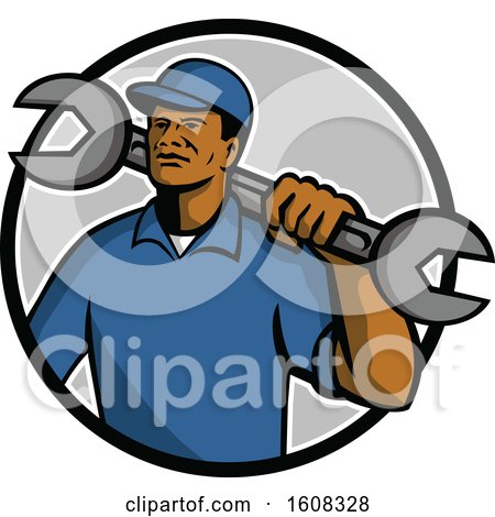 Clipart of a Black Male Mechanic with a Giant Spanner Wrench over His Shoulder in a Circle - Royalty Free Vector Illustration by patrimonio