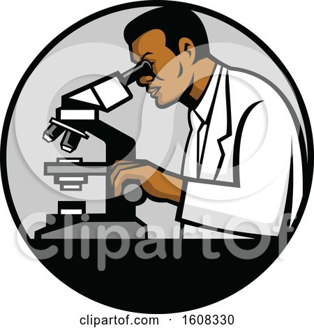 Clipart of a Black Male Scientist Using a Microscope in a Laboratory - Royalty Free Vector Illustration by patrimonio