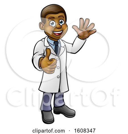 Clipart of a Cartoon Full Length Friendly Black Male Scientist Waving and Giving a Thumb up - Royalty Free Vector Illustration by AtStockIllustration