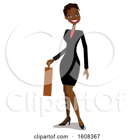 Clipart of a Happy Black Business Woman with Short Hair, Holding a Briefcase - Royalty Free Vector Illustration by peachidesigns