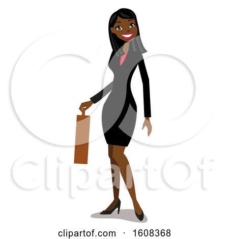 Clipart of a Happy Black Business Woman with Long Straight Hair, Holding a Briefcase - Royalty Free Vector Illustration by peachidesigns