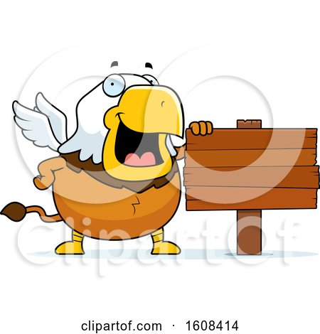 Clipart of a Cartoon Chubby Griffin Mascot Character by a Blank Sign - Royalty Free Vector Illustration by Cory Thoman