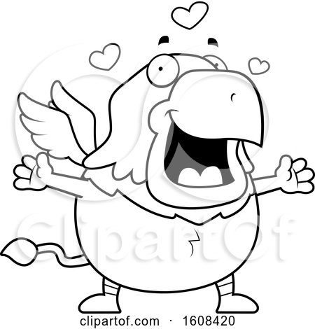 Clipart of a Cartoon Lineart Chubby Griffin Mascot Character with Open Arms - Royalty Free Vector Illustration by Cory Thoman