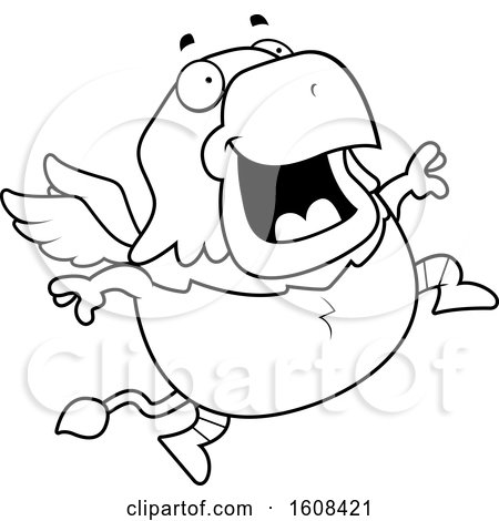 Clipart of a Cartoon Lineart Jumping Chubby Griffin Mascot Character - Royalty Free Vector Illustration by Cory Thoman
