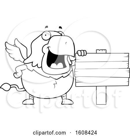 Clipart of a Cartoon Lineart Chubby Griffin Mascot Character by a Blank Sign - Royalty Free Vector Illustration by Cory Thoman