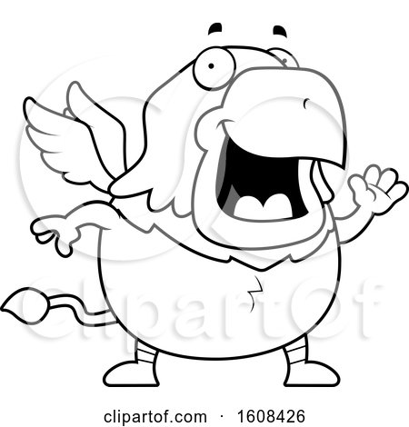 Clipart of a Cartoon Lineart Waving Chubby Griffin Mascot Character - Royalty Free Vector Illustration by Cory Thoman