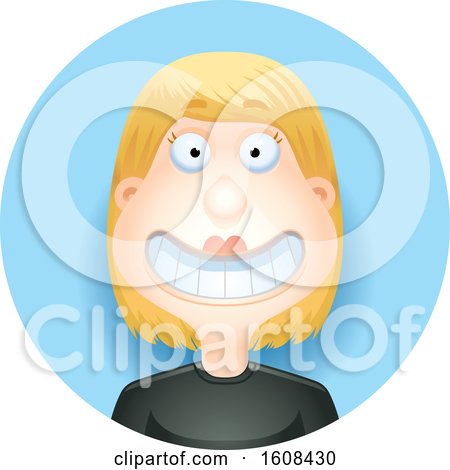 Clipart of a Happy Blond White Woman Grinning in a Blue Circle - Royalty Free Vector Illustration by Cory Thoman