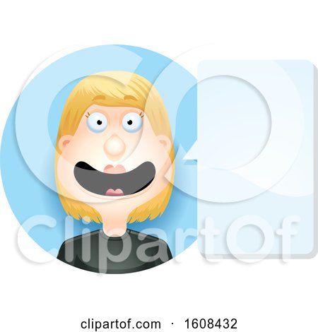 Clipart of a Happy Blond White Woman Talking in a Blue Circle - Royalty Free Vector Illustration by Cory Thoman