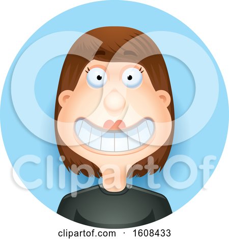 Clipart of a Happy Brunette White Woman Grinning in a Blue Circle - Royalty Free Vector Illustration by Cory Thoman
