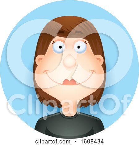 Clipart of a Happy Brunette White Woman Smiling in a Blue Circle - Royalty Free Vector Illustration by Cory Thoman