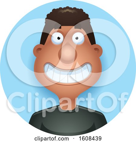 Clipart of a Happy Black Man Grinning in a Blue Circle - Royalty Free Vector Illustration by Cory Thoman