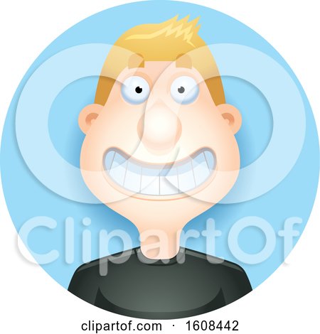 Clipart of a Happy Blond White Man Grinning in a Blue Circle - Royalty Free Vector Illustration by Cory Thoman