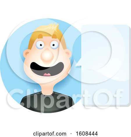 Clipart of a Happy Blond White Man Talking in a Blue Circle - Royalty Free Vector Illustration by Cory Thoman