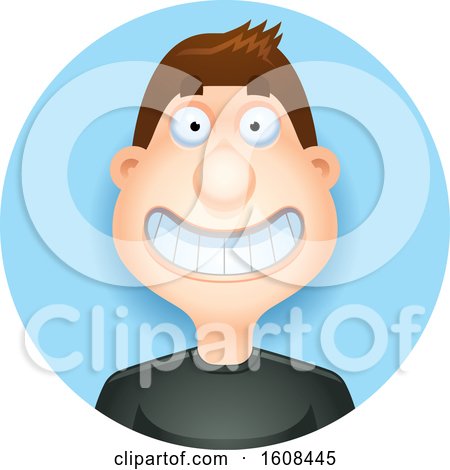 Clipart of a Happy Brunette White Man Grinning in a Blue Circle - Royalty Free Vector Illustration by Cory Thoman