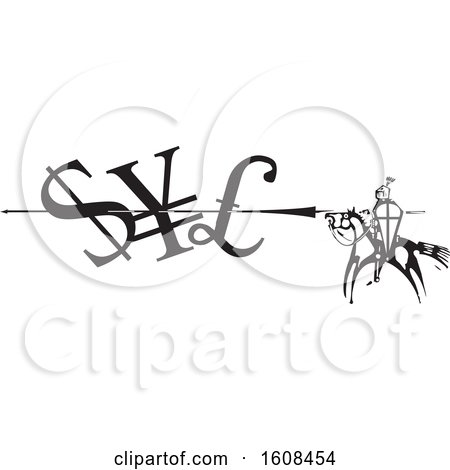 Clipart of a Horseback Knight Spearing Currency Symbols - Royalty Free Vector Illustration by xunantunich