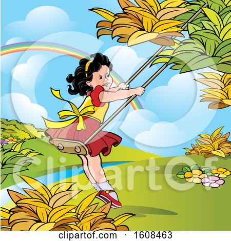 Clipart of a Happy Girl Playing on a Swing - Royalty Free Vector Illustration by Lal Perera