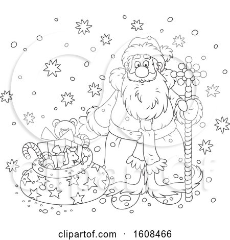 Clipart of Santa Claus with a Staff and Sack of Gifts in the Snow in Black and White - Royalty Free Vector Illustration by Alex Bannykh