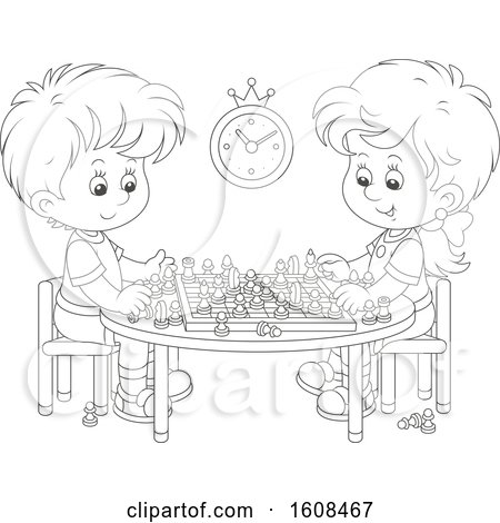 Clipart of a Lineart Boy and Girl Playing a Game of Chess - Royalty Free Vector Illustration by Alex Bannykh