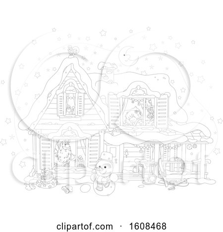 Clipart of a Lineart Christmas Eve Scene of Santa in a Home with a Girl Sleeping Upstairs - Royalty Free Vector Illustration by Alex Bannykh