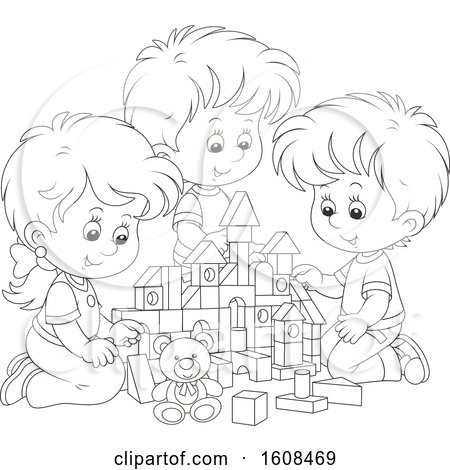 Clipart of a Lineart Girl and Boys Playing with Toy Building Blocks - Royalty Free Vector Illustration by Alex Bannykh