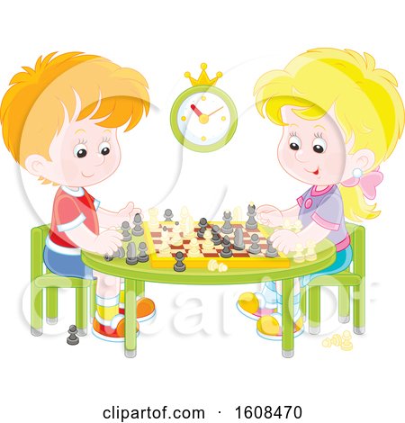 Clipart of a White Boy and Girl Playing a Game of Chess - Royalty Free Vector Illustration by Alex Bannykh