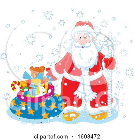 Clipart of Santa Claus with a Staff and Sack of Gifts in the Snow - Royalty Free Vector Illustration by Alex Bannykh