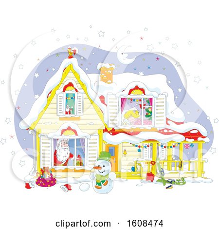 Clipart of a Christmas Eve Scene of Santa in a Home with a Blond Girl Sleeping Upstairs - Royalty Free Vector Illustration by Alex Bannykh