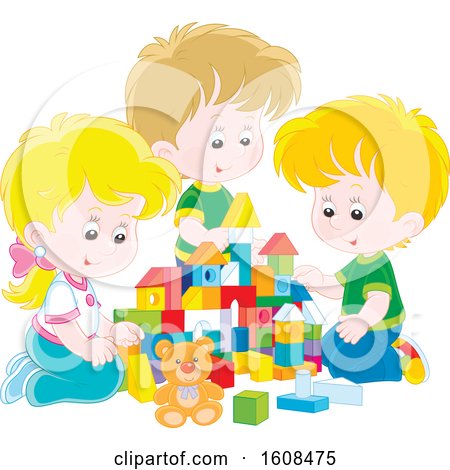 Clipart of a White Girl and Boys Playing with Toy Building Blocks - Royalty Free Vector Illustration by Alex Bannykh