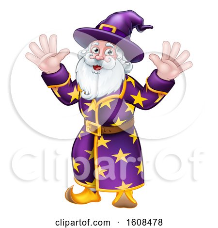 Clipart of a Happy Wizard Waving with Both Hands - Royalty Free Vector Illustration by AtStockIllustration