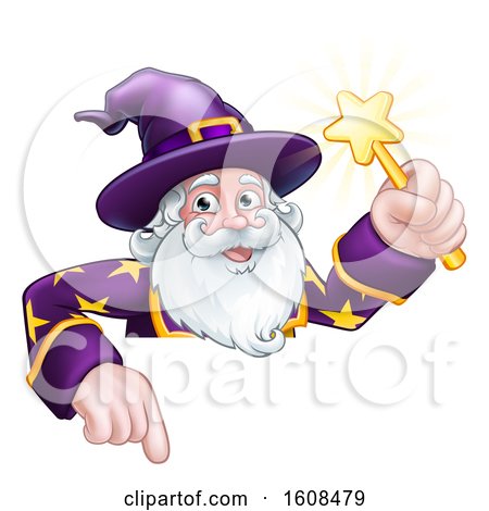 Clipart of a Happy Wizard Holding a Magic Wand over a Sign - Royalty Free Vector Illustration by AtStockIllustration
