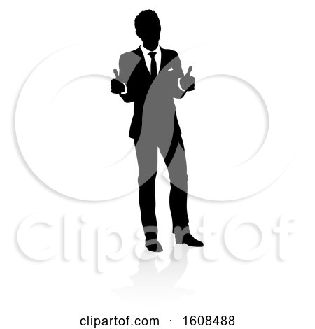 Clipart of a Silhouetted Business Man Holding Two Thumbs Up, with a Reflection or Shadow, on a White Background - Royalty Free Vector Illustration by AtStockIllustration