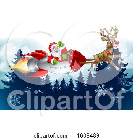 Clipart of a Reindeer Flying with Santa in a Rocket over Evergreens with Snowflakes - Royalty Free Vector Illustration by AtStockIllustration