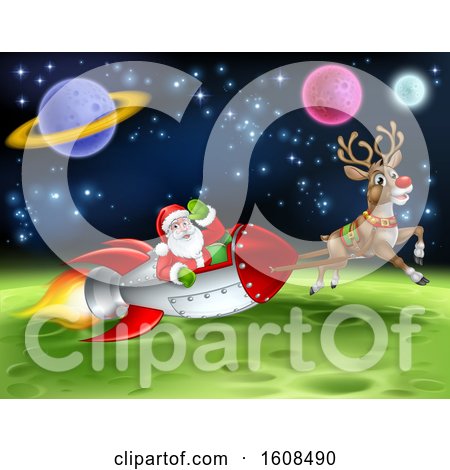 Clipart of a Reindeer Flying with Santa in a Rocket over in Outer Space - Royalty Free Vector Illustration by AtStockIllustration