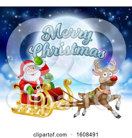 Clipart of a Merry Christmas Greeting with Santa Claus in a Flying Magic Sleigh with a Red Nosed Reindeer Against the Moon - Royalty Free Vector Illustration by AtStockIllustration