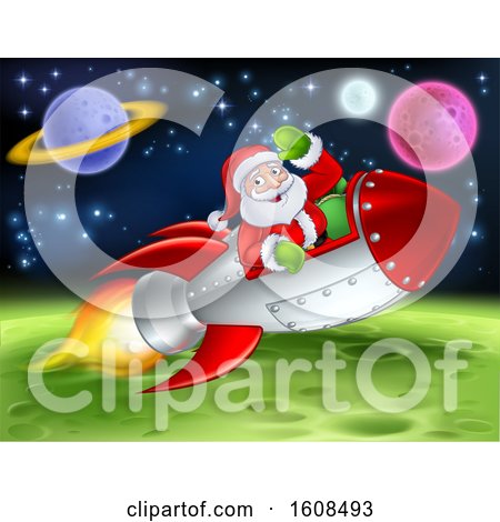 Clipart of Santa Riding a Rocket in Outer Space - Royalty Free Vector Illustration by AtStockIllustration