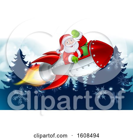 Clipart of Santa Riding in a Rocket over Evergreen Trees and Snowflakes - Royalty Free Vector Illustration by AtStockIllustration