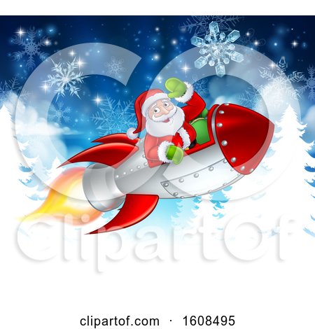 Clipart of Santa Riding in a Rocket over Trees and Snowflakes - Royalty Free Vector Illustration by AtStockIllustration