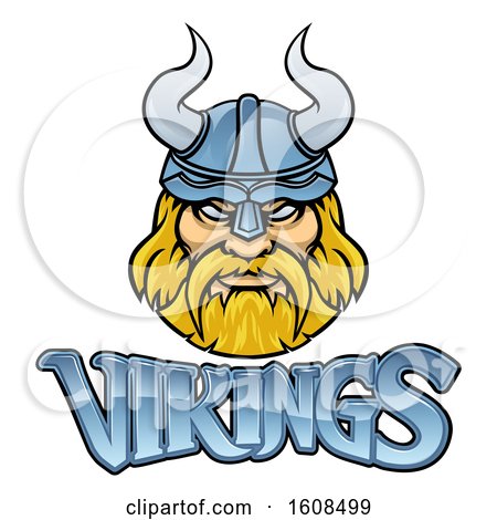 Clipart of a Tough Blond Male Warrior Face Wearing a Horned Helmet over Vikings Text - Royalty Free Vector Illustration by AtStockIllustration