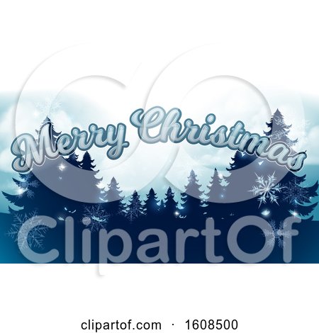 Clipart of a Merry Christmas Greeting with Silhouetted Evergreen Trees Under a Winter Sky - Royalty Free Vector Illustration by AtStockIllustration