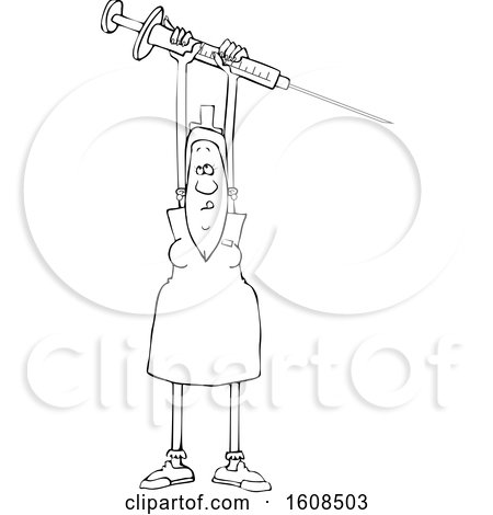 Clipart of a Cartoon Lineart Black Female Nurse Holding up a Giant Vaccine Syringe - Royalty Free Vector Illustration by djart
