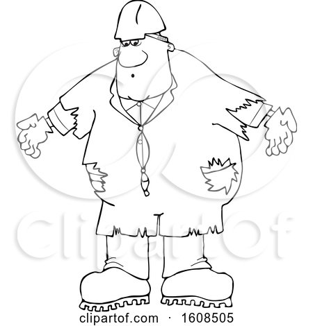 Clipart of a Cartoon Lineart Black Male Worker Wearing Old Torn Coveralls and a White Hard Hat - Royalty Free Vector Illustration by djart