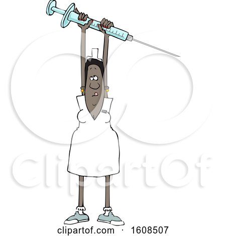 Clipart of a Cartoon Black Female Nurse Holding up a Giant Vaccine Syringe - Royalty Free Vector Illustration by djart