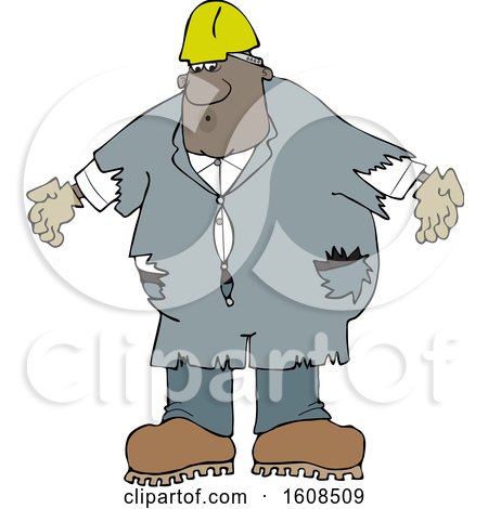 Clipart of a Cartoon Black Male Worker Wearing Old Torn Coveralls and a White Hard Hat - Royalty Free Vector Illustration by djart